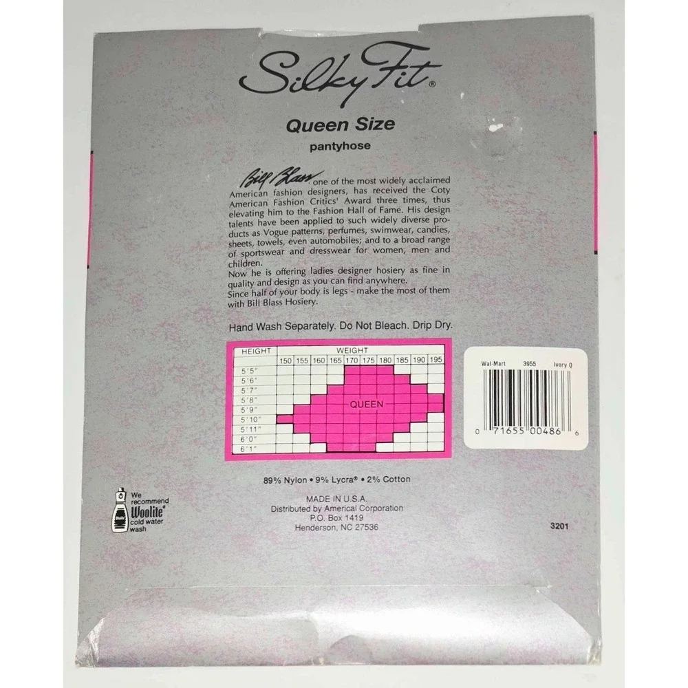 Vintage Silky Fit by Bill Blass Queen Size Pantyhose Ivory Sandalfoot USA 3955